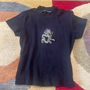 Brandy Melville Vintage Embroidered Dragon Baby Tee Turtleneck Crop Top One Size